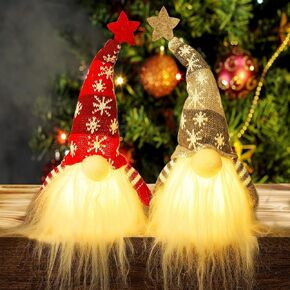 Juegoal 11" Lighted Christmas Gnome Santa, Light Up Elf Holiday Present, Battery Operated Winter Tabletop Christmas Decorations, 2 Set