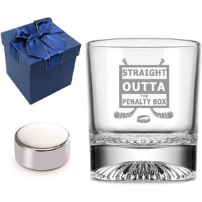 Christmas Gifts Hockey Gifts for Men, Straight Outta the Penalty Box Heavy Base Rocks Cocktail Whiskey Glass and Ice Hockey Shaped Whisky Stone, Great Gift for Dad in Kuwait