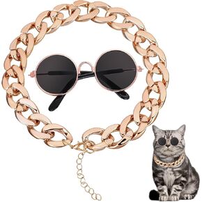 1 PCS Cat Chain Collar and Cat Sunglasses Gold Chain Cat Collar Pet Sunglasses Retro Pet Sunglasses Dog Costume Set Include Adjustable Gold Pet Chain and Funny Cute Cat Small Dog Sunglasses