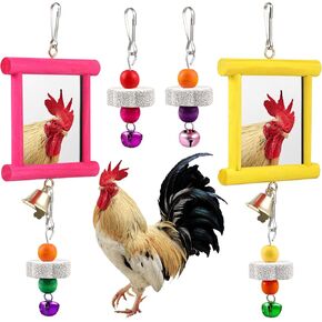 Sumind 2 Pieces Chicken Mirror Toys Hanging Swing Mirror Toys with Bell Wooden Pecking Toy and 4 Pieces Beak Grinding Molar Stones for Hens Birds Parrots(Rose Red, Yellow)