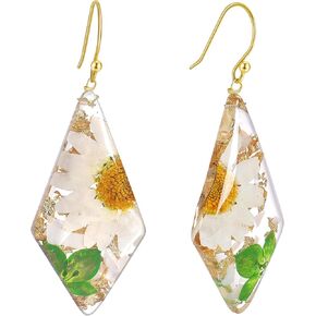 Pressed Flower Handmade Earrings Dangle Geometric Rhombus Sterling Silver Stud with Daisy,Nature Fern Leaf, Rice Flower and Gold Foils in Resin Drop for Women