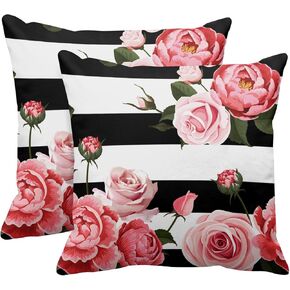Emvency رمي وسادة تغطي الملونة الزهور الفاوانيا والورود خطوط سوداء وبيضاء مزهر الوردي مجردة الزخرفية وسادة القضية ديكور المنزل مربع 20 "× 20" وسادة in Kuwait