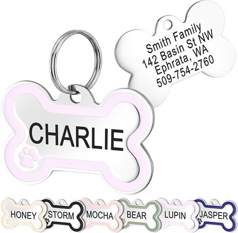 GoTags Stainless Steel Bone-Shaped Pet ID Tags with Color Paw Design, Personalized Dog and Cat Tags, Custom Engraving with up to 5 Lines of Text on Both Sides (Ivory, Small) in Saudi Arabia