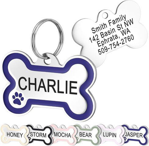 GoTags Stainless Steel Bone-Shaped Pet ID Tags with Color Paw Design, Personalized Dog and Cat Tags, Custom Engraving with up to 5 Lines of Text on Both Sides (Ivory, Small) in Saudi Arabia