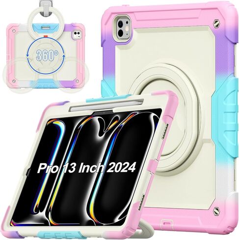 for iPad Pro 13 Inch Case 2024 7th Generation (M4): Shockproof Rugged Protective Cover with Screen Protector Pencil Holder Shoulder Strap [360° Rotating Hand Strap] &Stand, Rainbow Pink in Saudi Arabia