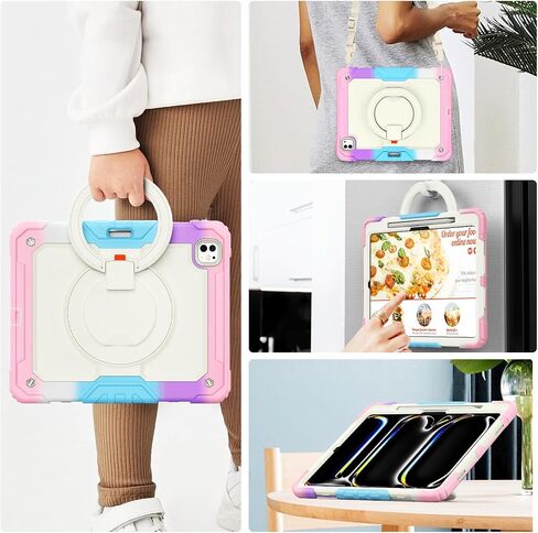 for iPad Pro 13 Inch Case 2024 7th Generation (M4): Shockproof Rugged Protective Cover with Screen Protector Pencil Holder Shoulder Strap [360° Rotating Hand Strap] &Stand, Rainbow Pink in Saudi Arabia