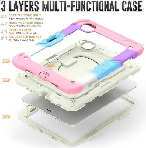 for iPad Pro 13 Inch Case 2024 7th Generation (M4): Shockproof Rugged Protective Cover with Screen Protector Pencil Holder Shoulder Strap [360° Rotating Hand Strap] &Stand, Rainbow Pink in Saudi Arabia