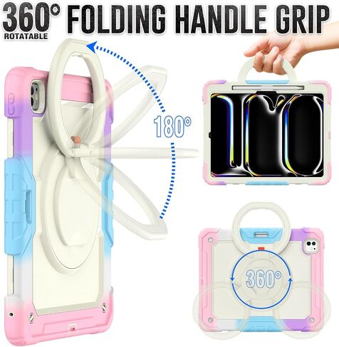 for iPad Pro 13 Inch Case 2024 7th Generation (M4): Shockproof Rugged Protective Cover with Screen Protector Pencil Holder Shoulder Strap [360° Rotating Hand Strap] &Stand, Rainbow Pink in Saudi Arabia