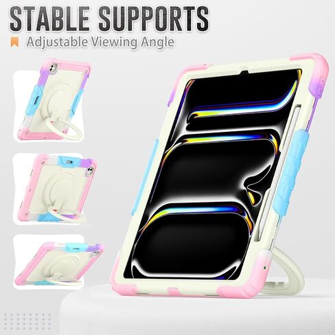 for iPad Pro 13 Inch Case 2024 7th Generation (M4): Shockproof Rugged Protective Cover with Screen Protector Pencil Holder Shoulder Strap [360° Rotating Hand Strap] &Stand, Rainbow Pink in Saudi Arabia