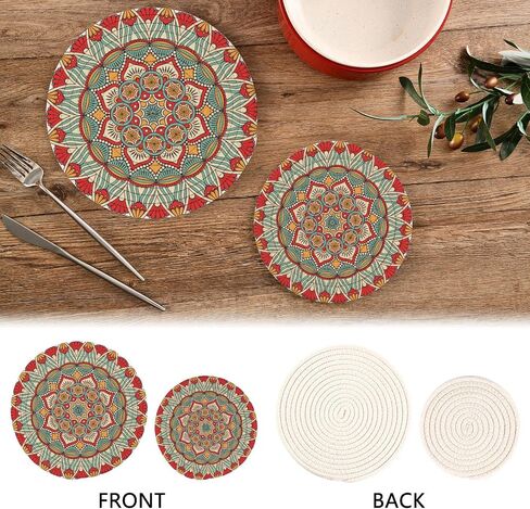 Trivets for Hot Dishes, Pots and Pans Potholders Woven Trivet Cotton Round Large Pot Holder Decor Heat Resistant Hot Pads Mat for Table Counter Cooking Potholder Set of 2 (7in + 9in) Mandala in Saudi Arabia