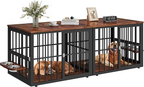 YITAHOME 77.6" Large Corner Dog Crate Furniture for 2 Dogs, 4 Combination Forms Wooden Dog Kennel with 360° rotatable Dog Bowls & 3 Doors,Dog Crate Furniture TV Stand for Medium Large Dog, Brown in Saudi Arabia