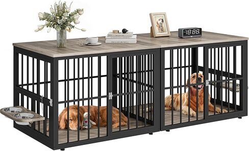 YITAHOME 77.6" Large Corner Dog Crate Furniture for 2 Dogs, 4 Combination Forms Wooden Dog Kennel with 360° rotatable Dog Bowls & 3 Doors,Dog Crate Furniture TV Stand for Medium Large Dog, Brown in Saudi Arabia