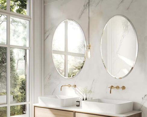 Frameless Scalloped Wall Mirror: Decorative Scallop Oval Mirrored Glass Vanity with Beveled Silver Edge for Bathroom Bedroom Livingroom Dining Room Entryway Hallway, 28 x 20 inch in Saudi Arabia