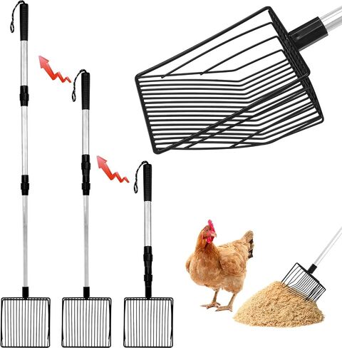 Chicken Poop Scooper, 3 in 1 Litter Scooper (22.4-41.3inch) Stainless Steel Handle, Adjustable Poop Scooper for Chicken Coop, Multifunctional Litter Sifting Shovel, Chicken Coop Accessories in Kuwait