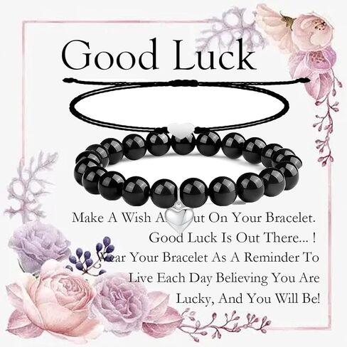 Good Luck Bracelets for Women, Black Onyx Bracelet for Protection, Handmade Black String Bracelet, Healing Crystal Bead Heart Charm Friendship Couples Bracelets (Black Onyx, Good Luck) in Saudi Arabia