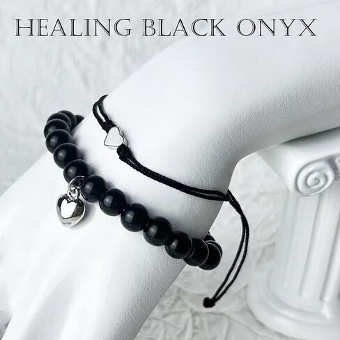Good Luck Bracelets for Women, Black Onyx Bracelet for Protection, Handmade Black String Bracelet, Healing Crystal Bead Heart Charm Friendship Couples Bracelets (Black Onyx, Good Luck) in Saudi Arabia