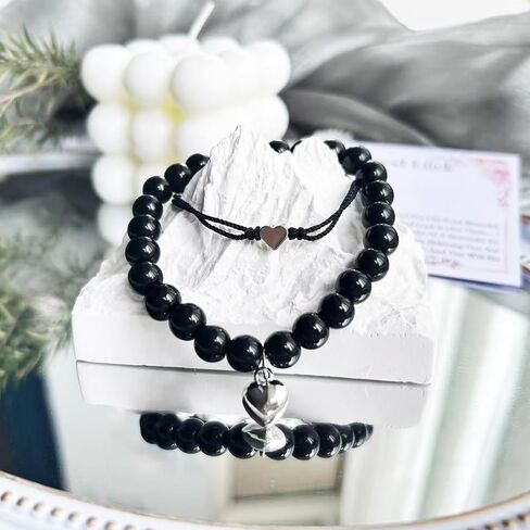 Good Luck Bracelets for Women, Black Onyx Bracelet for Protection, Handmade Black String Bracelet, Healing Crystal Bead Heart Charm Friendship Couples Bracelets (Black Onyx, Good Luck) in Saudi Arabia