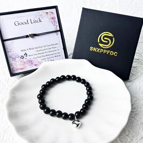 Good Luck Bracelets for Women, Black Onyx Bracelet for Protection, Handmade Black String Bracelet, Healing Crystal Bead Heart Charm Friendship Couples Bracelets (Black Onyx, Good Luck) in Saudi Arabia