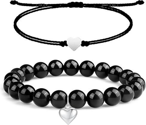 Good Luck Bracelets for Women, Black Onyx Bracelet for Protection, Handmade Black String Bracelet, Healing Crystal Bead Heart Charm Friendship Couples Bracelets (Black Onyx, Good Luck) in Saudi Arabia