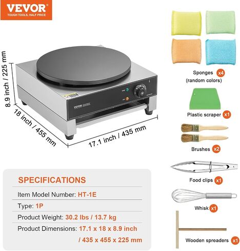VEVOR Electric Crepe Maker, 16-Inch Commercial Crepe Machine, 1700W Flat Plate Crepe Griddle, Nonstick Stainless Steel Pancake Making Machine, Desktop Circular Cereals Pancake Stove with Temp Control in Saudi Arabia