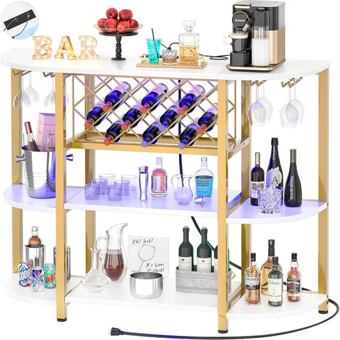 Unikito 4-Tier Metal Coffee Bar Cabinet with Outlet and LED Light, Freestanding Floor Bar Table for Liquor with Glass Holder and Wine Rack Storage, Wine Bakers Rack for Kitchen Dining Room, Gray Oak in Saudi Arabia