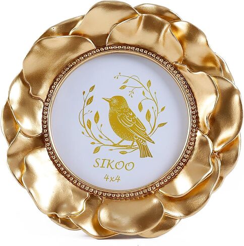 إطارات صور عتيقة من SIKOO مقاس 4 × 4 إطار صورة دائري إطار صورة صغير إطار صورة زهرة ذهبية مزخرفة، ديكور منزلي زهري، سطح الطاولة والجدار، معرض حائط عتيق (عباد الشمس) in Saudi Arabia