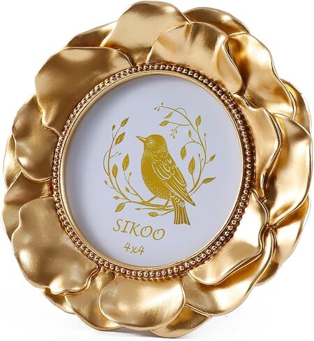 إطارات صور عتيقة من SIKOO مقاس 4 × 4 إطار صورة دائري إطار صورة صغير إطار صورة زهرة ذهبية مزخرفة، ديكور منزلي زهري، سطح الطاولة والجدار، معرض حائط عتيق (عباد الشمس) in Saudi Arabia