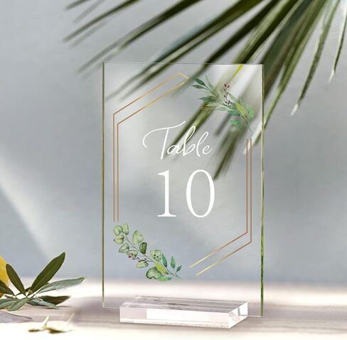 AerWo Acrylic Wedding Table Numbers 1-20 with Stands, 4x6 inches Clear Sign Place Cards with Gold Trim Green Floral Theme, Rustic Table Numbers for Wedding Reception Anniversary Baby Bridal Shower in Saudi Arabia