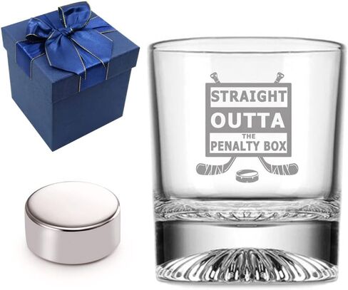 Christmas Gifts Hockey Gifts for Men, Straight Outta the Penalty Box Heavy Base Rocks Cocktail Whiskey Glass and Ice Hockey Shaped Whisky Stone, Great Gift for Dad in Kuwait