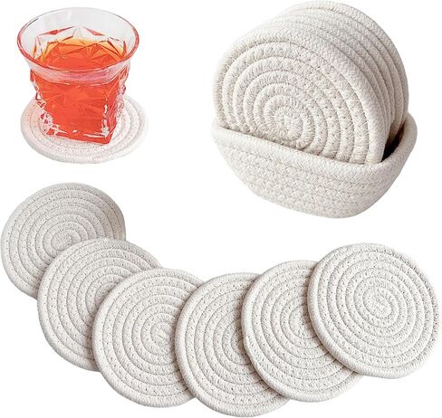 Valdivia Boho Drink Coasters with Storage Basket, Handmade Woven Cotton Absorbent Coaster Set of 6, Minimalist Home Decor for Coffee Table, Kitchen, Housewarming Gifts and Wedding Registry Gifts Ideas in Saudi Arabia