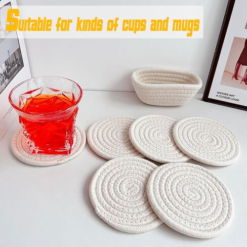 Valdivia Boho Drink Coasters with Storage Basket, Handmade Woven Cotton Absorbent Coaster Set of 6, Minimalist Home Decor for Coffee Table, Kitchen, Housewarming Gifts and Wedding Registry Gifts Ideas in Saudi Arabia