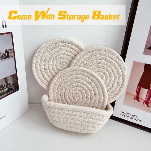 Valdivia Boho Drink Coasters with Storage Basket, Handmade Woven Cotton Absorbent Coaster Set of 6, Minimalist Home Decor for Coffee Table, Kitchen, Housewarming Gifts and Wedding Registry Gifts Ideas in Saudi Arabia