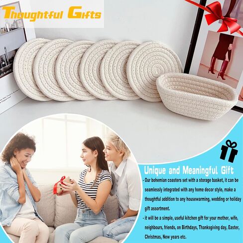 Valdivia Boho Drink Coasters with Storage Basket, Handmade Woven Cotton Absorbent Coaster Set of 6, Minimalist Home Decor for Coffee Table, Kitchen, Housewarming Gifts and Wedding Registry Gifts Ideas in Saudi Arabia