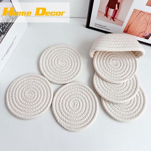 Valdivia Boho Drink Coasters with Storage Basket, Handmade Woven Cotton Absorbent Coaster Set of 6, Minimalist Home Decor for Coffee Table, Kitchen, Housewarming Gifts and Wedding Registry Gifts Ideas in Saudi Arabia