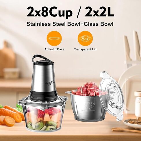 Meat Grinder, 500W Powerful Food Processor with Handle, 2 Bowls(8 Cup+8 Cup)-Includes 1 Set of Bi-Level Blades, Electric Veggie Chopper for Family, Baby Food, Nuts, Grains in Saudi Arabia