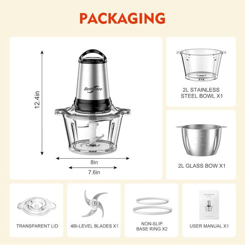 Meat Grinder, 500W Powerful Food Processor with Handle, 2 Bowls(8 Cup+8 Cup)-Includes 1 Set of Bi-Level Blades, Electric Veggie Chopper for Family, Baby Food, Nuts, Grains in Saudi Arabia