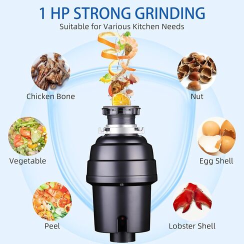 GAOMON Garbage Disposal 1 HP Continuous Feed Garbage Disposer, Compact Food Waste Disposer with Ultra Quiet Motor and Power Cord, Stainless Steel Grinding, Kitchen Sink Food Waste Disposal, Black in Kuwait