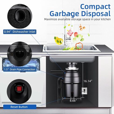 GAOMON Garbage Disposal 1 HP Continuous Feed Garbage Disposer, Compact Food Waste Disposer with Ultra Quiet Motor and Power Cord, Stainless Steel Grinding, Kitchen Sink Food Waste Disposal, Black in Kuwait