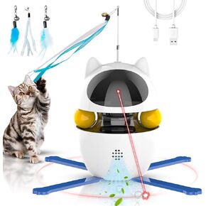 Cat Toy - 4 in 1 Interactive LED Feather Toy, Air Purifier, Electric, Funny, Chasing, Exercise, Cat Toy with Rolling Balls, Adjustable Light Angle, USB Port for Indoor Cats and Kittens (White)