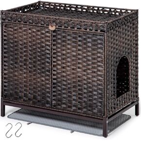 Cat Litter Box Enclosure, Hidden Litter Box Furniture with Cat Litter Mat, Large Hidden Cat Litter Box Furniture, Handwoven Rattan Cat House with Metal Heightened Feet 30.3×18.3×28 Inches