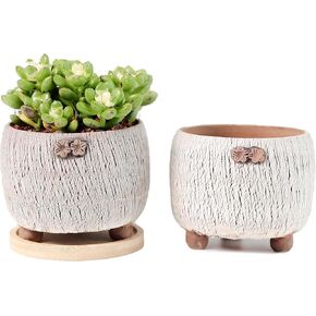 Arktiva Artisan Handmade Ceramic Planter Pots w/Drainage, 4 Inch Set of 2, Indoor Outdoor Home Patio Garden Plants Flower Succulent, Crackle-Texture Round