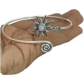 Silver Sunburst Arm Cuff, Rainbow Moonstone Boho Upper Arm Bracelet, Spiral Arm Cuff, Gemstone Armlet, Sun Bohemian Jewelry Gift in Kuwait
