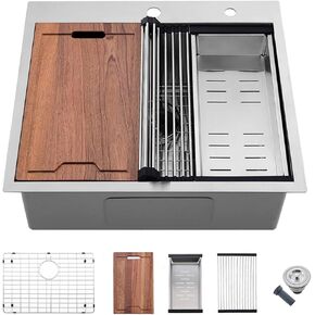 25-Inch Drop in Kitchen Sink Workstation Stainless Steel - VOKIM 25 x22 Inch Single Bowl Kitchen Sink 16 Gauge Stainless Steel 10'' Deep Handmade Kitchen Sink with Cutting Board& Strainer