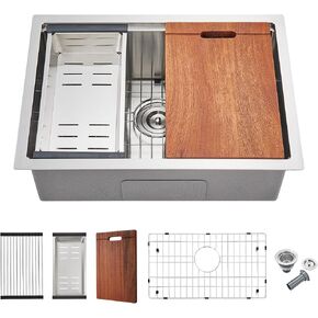 MENATT 25 Inch Undermount Workstation Kitchen Sink, 25"×18" Stainless Steel Single Bowl Undermount Handmade Kitchen Sink with Cutting Board, Colander and Dish-drying Roll