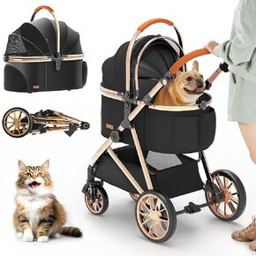 Kenyone Luxury Pet Stroller 3 in 1 with Electroplated Gold Mirror Finish for Medium Small Size Dogs and Cats, High-End Detachable Carrier for Puppy, Kitty, Doggie(C910L Black)