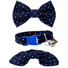 Cat Collar, 3-in-1 Cat Collar, Adjustable Cat Collar, Handmade Cotton Cat Collars, Bowtie & Ribbon Design Cat Collars,Polka Dot Pattern