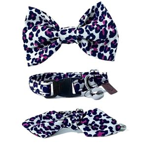 Cat Collar, 3-in-1 Cat Collar, Adjustable Cat Collar, Handmade Cotton Cat Collars, Bowtie & Ribbon Design Cat Collars,Leopar Pattern