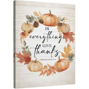TLESKE Fall Christian Thanksgiving Pumpkins Wall Art Decor, Rustic Autumn Canvas Wall Art Prints for Farmhouse Living Room Bedroom, In Everything Give Thanks Wall Artwork Picture Painting Framed, 11x14in