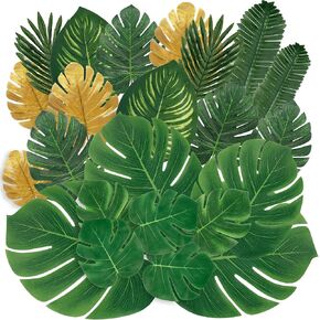 Sggvecsy 82 Pieces 8 Kinds Artificial Tropical Palm Leaves Tropical Leaves Monstera Leaves Safari Jungle Leaf with Stems for Hawaiian Luau Party Beach Table Wedding Shower Birthday Theme Decorations