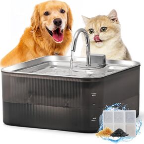 FUKUMARU Dog Water Fountain, 1.8 Gal/7L Stainless Steel Automatic Large Cat Water Fountain, Water Dispenser with 3 Pcs Replacement Filters for Cats, Dogs, Multiple Pets - Grey, Stainless Steel